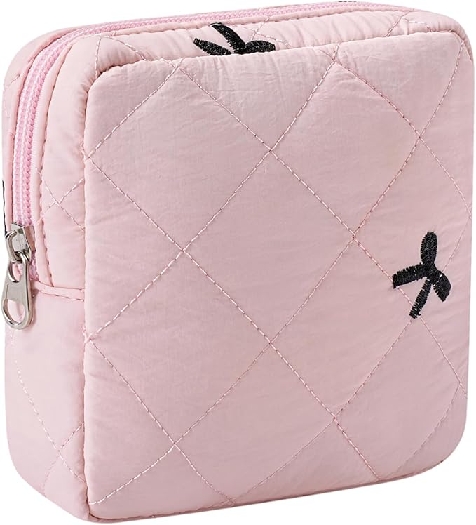 Small Quilted Cosmetic Pouch for Purse, Mini Cotton Makeup Bag with Compartments, Cute Zipper Lipstick Holder for Women (04Pink Black Bow)