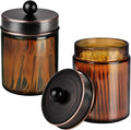 Amolliar Amber Glass Qtip Holder, Apothecary Jars with Oil Rubbed Bronze Metal Lid & Stickers-Bathroom Qtip Dispenser Storage Organizer Set,Vanity Counter Canister for Cotton Swabs,Round Floss(2 Pack)