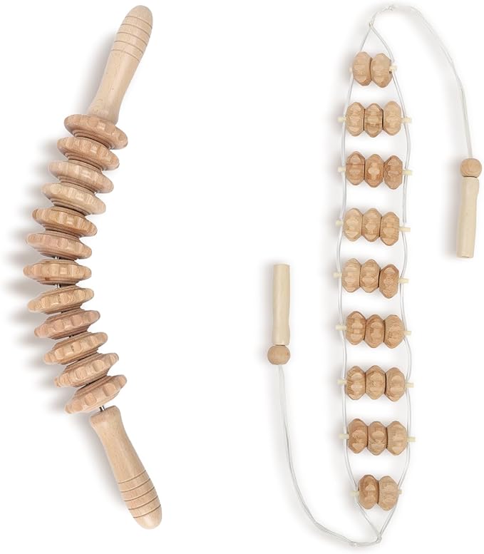 Mr.Woodware Wood Therapy Massage Tools - 2 Pcs Wooden Lymphatic Drainage Curved Roller Stick & Back Massager with Rope Massage Kit - Wood Massage Tools for Body Shaping, Sculpting, Maderoterapia
