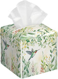 Green Leaves Hummingbird Spring Tissue Box Cover Watercolor Floral Square Leather Tissue Holder Decorative Facial Tissue Cube Paper Cover Case Organizer for Bathroom Night Stands Desk Home