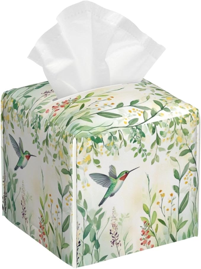 Green Leaves Hummingbird Spring Tissue Box Cover Watercolor Floral Square Leather Tissue Holder Decorative Facial Tissue Cube Paper Cover Case Organizer for Bathroom Night Stands Desk Home