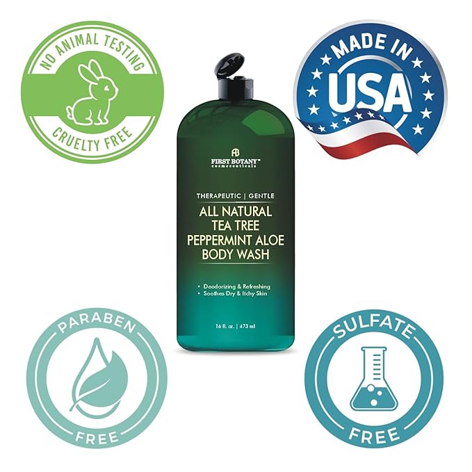 First Botany, ALL Natural Body Wash - Fights Body Odor, Athletes Foot, Jock Itch, Nail Issues, Dandruff, Acne, Eczema, Shower Gel for Women & Men, Skin Cleanser -16 fl oz (Tea Tree Mint)