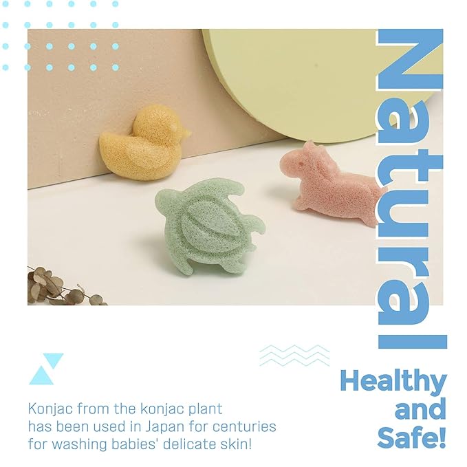 myHomeBody Konjac Baby Sponge for Bathing, Cute Shapes Natural Kids Bath loofah for Infants, Toddler, Newborns, Safe Plant-Based, 3pc. Set: Unicorn, Duck, Sea Turtle