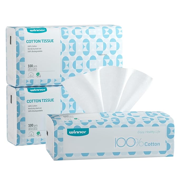Winner Soft Face Towels, 100% USDA Biobased Facial Towels, Unscented for Sensitive Skin, OEKO-TEX Certified Face Towelettes Disposable, Makeup Remover Dry Wipes, 300 Count, Pack of 3
