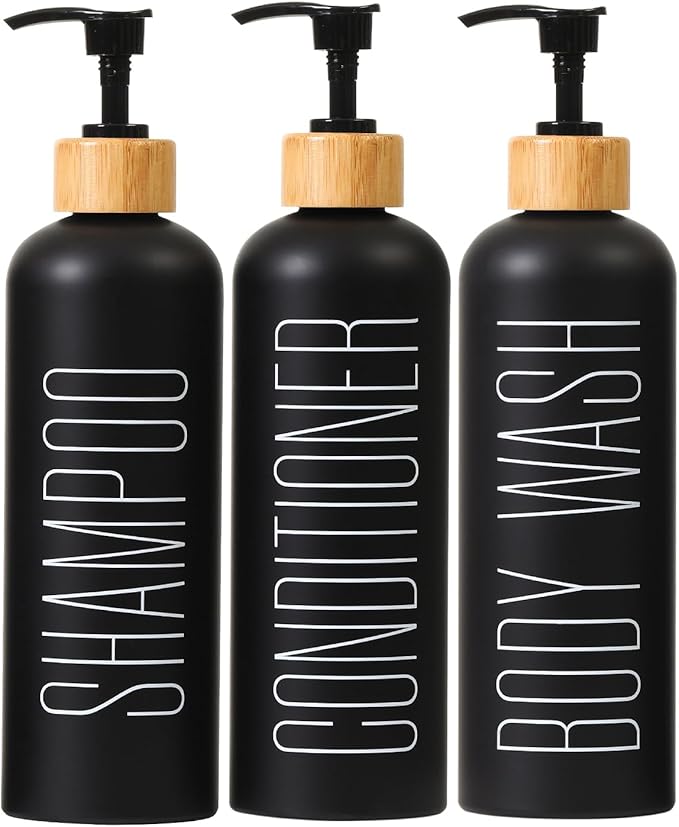 HOMCDALY 16oz 3-Pack Refillable Black Bathroom Shower Set - Empty Bottles with Pump for Shampoo, Conditioner, or Body Wash