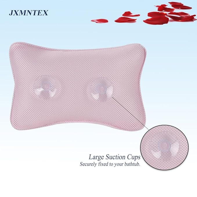 Bath Pillow for Tub, Non Slip with 2 Large Suction Cups, Breathable Soft, Comfortable Head Neck Support, Machine Washable (Pink)