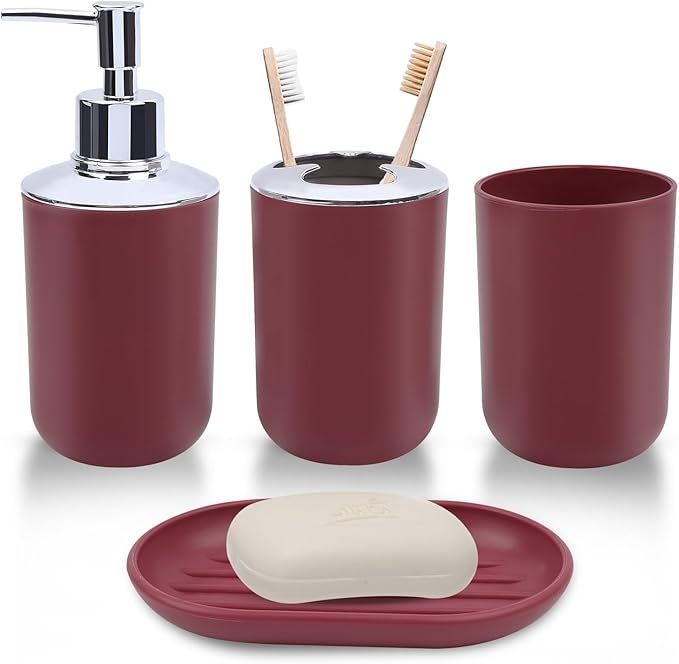 4 Piece Bathroom Accessories Set, Plastic Bathroom Accessory Set, Toothbrush Holder, Toothbrush Cup, Soap Dispenser, Soap Dish, Red