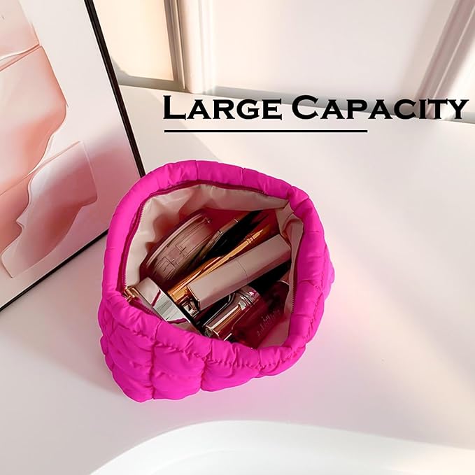 Puffy Quilted Makeup Bag for Women, Cosmetic Bag, Travel Toiletry Organizer Pouch Clutch (rose)