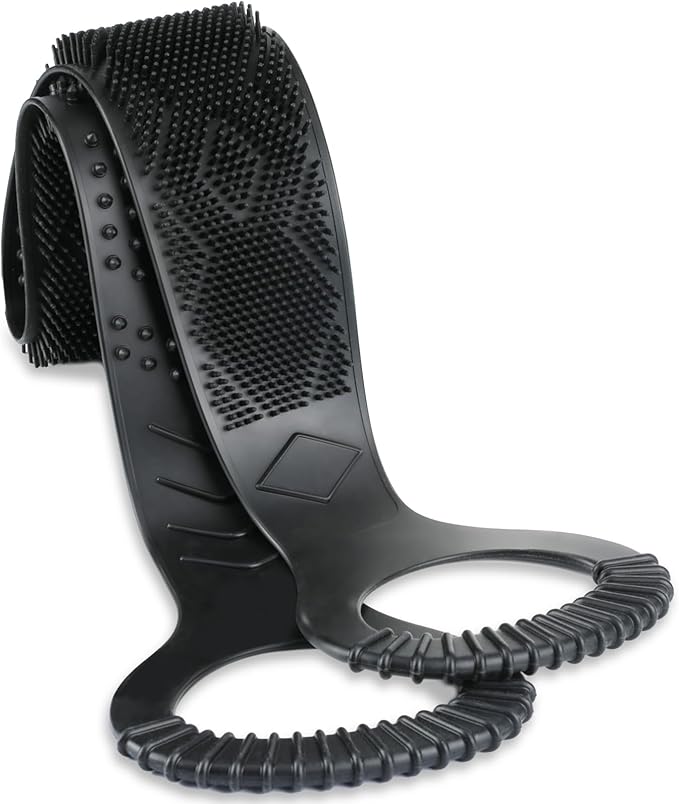 FREATECH Silicone Back Scrubber for Shower, 36" Dual-Sided Back Washer Exfoliator Strap to Clean, Exfoliate and Massage, Easily Cover The Entire Back for Men Women, Easy to Clean, Black