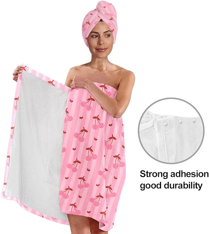 Women’s Pink Cherry Bath Wrap and Hair Towel Set, Soft Absorbent Microfiber Quick-Dry Shower Body Skirt with Elastic Closure, Lightweight Spa Towel for Home, Gym & Travel (Cherry 10)