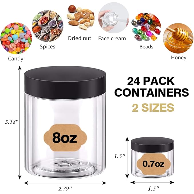 8oz Plastic Jars with Lids 8 oz Plastic Containers with Lids + 20g Sample Containers (Set of 24) Airtight Container for Lip Scrub, Body Butters, Cream, Slime, Craft Storage