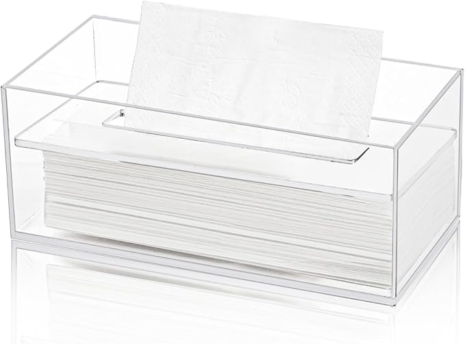Dicunoy Acrylic Tissue Box Holder with Sinking Lid, Rectangular Facial Paper Holder with Removable Cover, Facial Napkin Dryer Sheet Dispenser for Vanity Counter, Dresser, Kitchen, Office, Bathroom