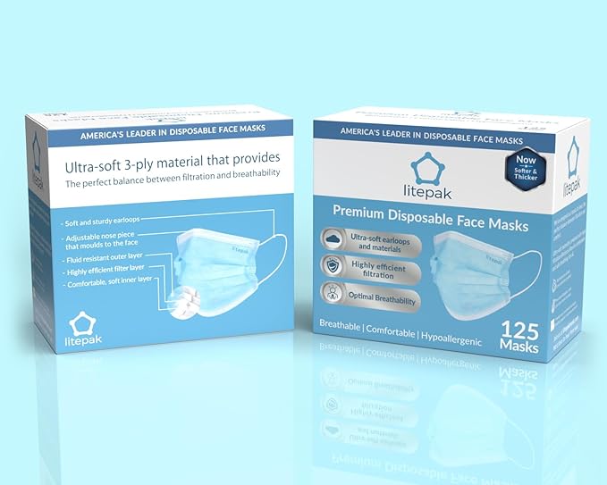Litepak 125-Pack Disposable Face Mask Premium Comfort Earloops with Dispenser Box