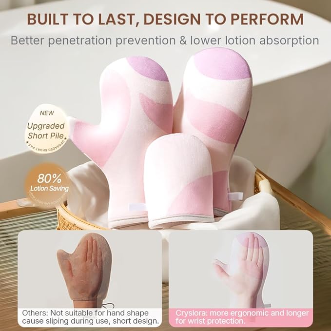 Lotion Applicator & Self Tanning Mitt - Short-Pile, Reusable, Durable, No Absorption, Anti-Sliding Glove for Even, Waste-Free Application of Lotions, Oils & Creams (Pink Purple Set)