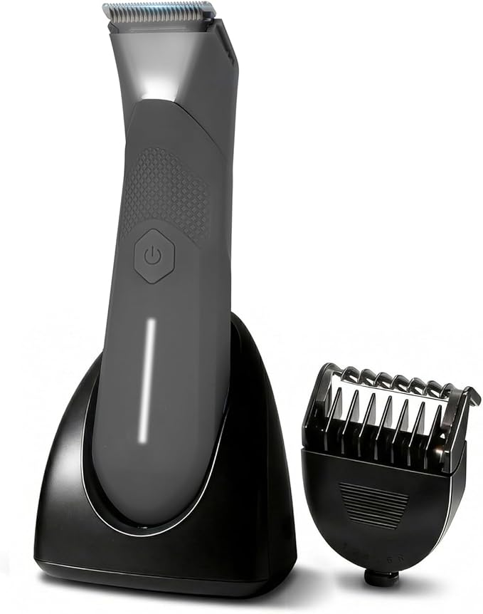 Body Trimmer for Men - Groin & Ball Shaver with Charging Dock - Constant Power No-Pull Electric Pubic Hair Clipper - 5-in-1 Guard Waterproof Body Groomer with LED Light, for Groin, Armpit & Body