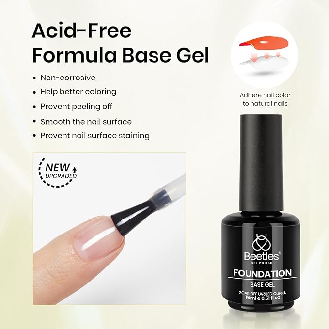 Beetles Gel Base and Top Coat & Cuticle Oil Set, 3Pcs 15ml Cuticle Protectors Kit No Wipe Glossy Shine Long Lasting Oil Care for Dry Damaged Cuticles Gifts for Women