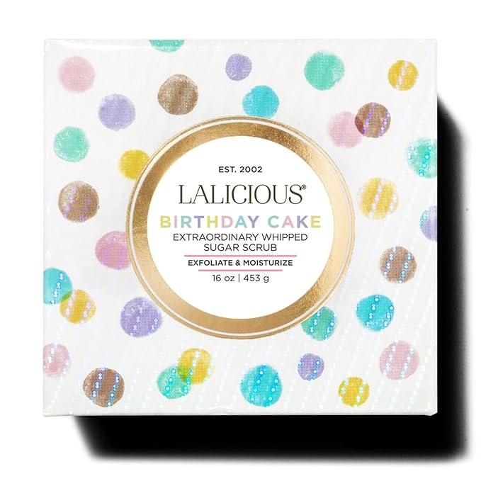 LALICIOUSSugar Kiss Sugar Scrub for Body, Exfoliating Body Scrubs for Women, Moisturizing Body Exfoliator with Coconut Oil & Honey for Radiant Skin, Zero Greasy, No Parabens (Birthday Cake 2oz)