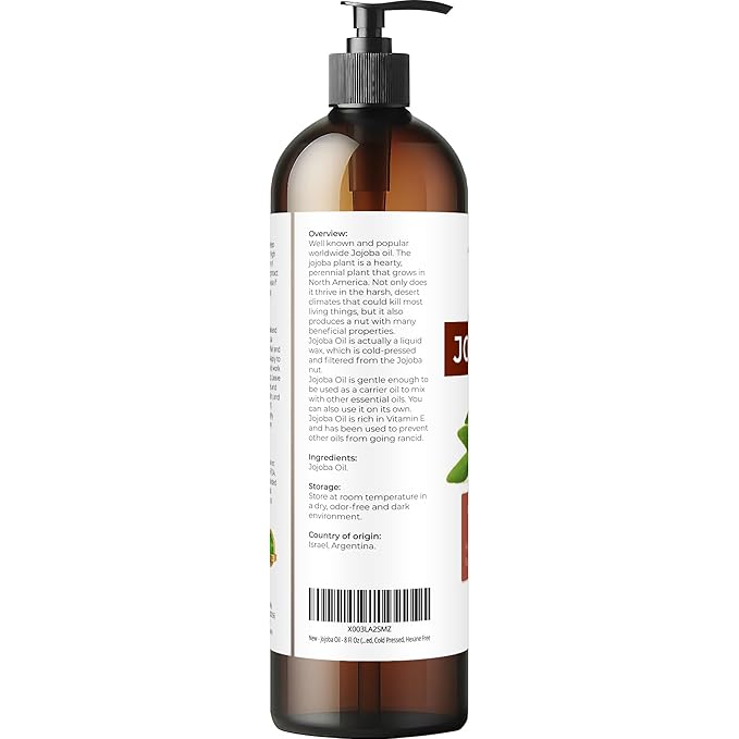 velona Jojoba Oil - 8 Fl Oz (With Pump) | 100% Pure and Natural | Golden, Unrefined, Cold Pressed, Hexane Free | Moisturizing Face, Hair, Body, Skin Care