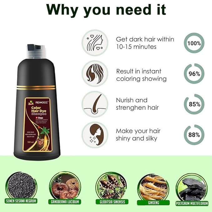 Instant Chestnut Hair Dye Shampoo for Women Men, Hair Coloring Shampoo for Gray Hair, 500ml Herbal Ingredients 3 in 1 Maroon Hair Dye - 100% Gray Coverage Coloring in Minutes 16.9 Fl Oz