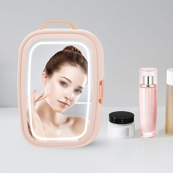 Cosmetic Fridge with LED Mirror & Adjustable Shelves, 12V/110V Mini Skincare Refrigerator for Bedroom, Vanity, Office, 4 Gal, Gift for Women (Pink)