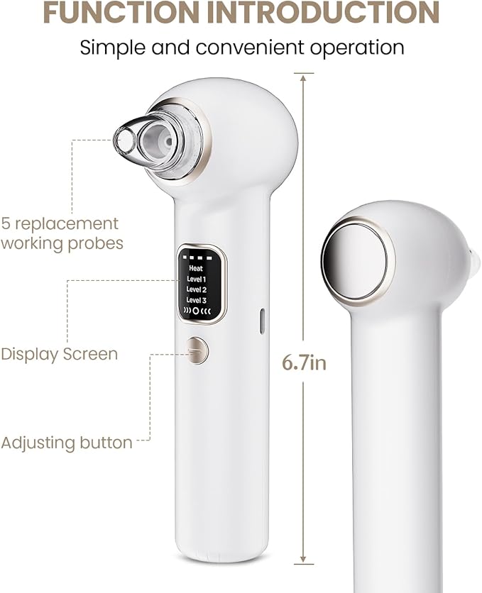 Electric Blackhead Remover Vacuum with Heating, 3 Suction Levels 5 Probes Pore Extractor Kit, Rechargeable Deep Pore Cleansing Tool for Women & Men (White)