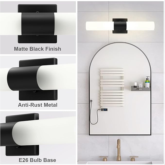 Kalium Bathroom Wall Sconce Fixture, 21 Inch Modern Vanity Lights with Frosted Glass Shade, Indoor Sconces Lighting Wall Decor Lamps for Bathrooms Living Room Stairs Bedroom (Black)