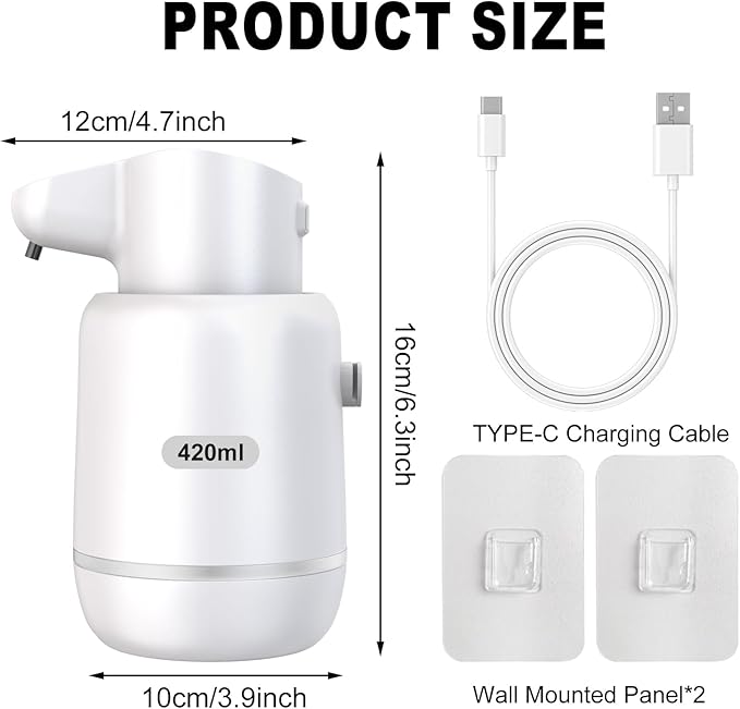 Automatic Foaming Soap Dispenser 15oz/420ml Foaming Hand Sanitizer Touchless Wall Mount with 4levels Adjustable Free Touch Electric Soap Dispenser Rechargeable with Sensor(White)