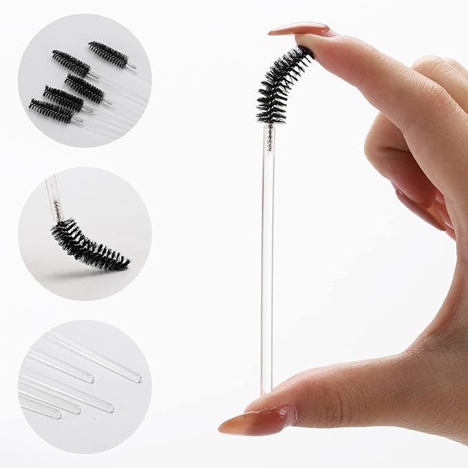 100 Pcs Disposable Mascara Wands, Crystal Eyebrow Spoolies Brush for Eyelash Extensions, Makeup Applicators Kits Eyelash Brush with Container (Black)
