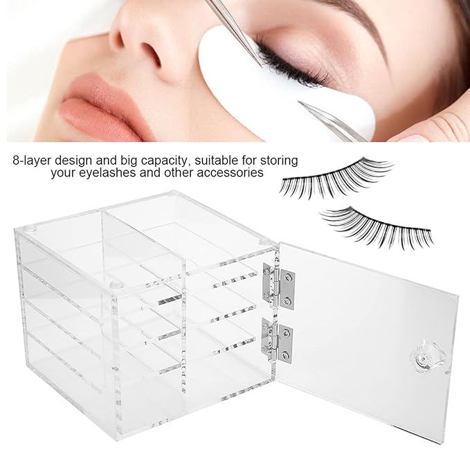 Dioche Acrylic Clear False Eyelash Organizer Case, 8 Layers False Eyelash Extension Carrying Box Acrylic Storage Box for Grafting Lash Extension, Cosmetic Makeup Storage Box