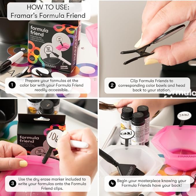 FRAMAR Formula Friend Clips 8 Pack – Easy Wipe Dry Erase Labels That Clip To Hair Dye Bowl, Rubberized Matte Grip & Marker, Clip For Hair Color Bowl, Hair Toner Formulas, Color Bowls For Hairstylist