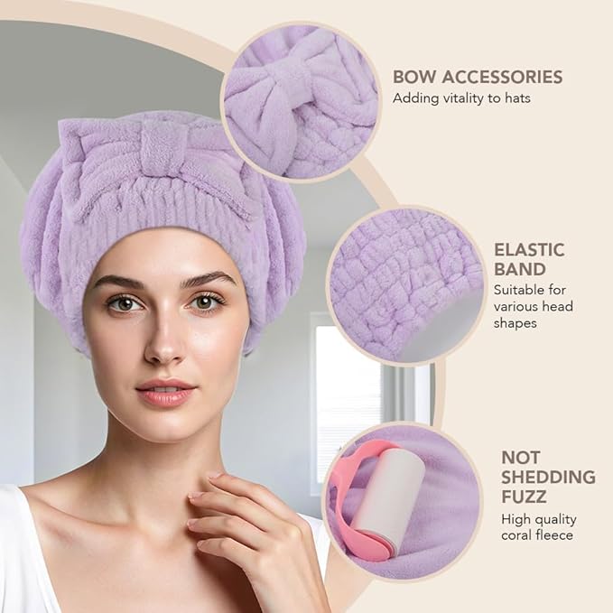 SUNLAND Large Microfiber Hair Drying Caps with Bow Knot Fast Drying Shower Cap Soft and Absorbent hairWrap Hair Turban Bath Caps for Curly Thick and Wet Hair