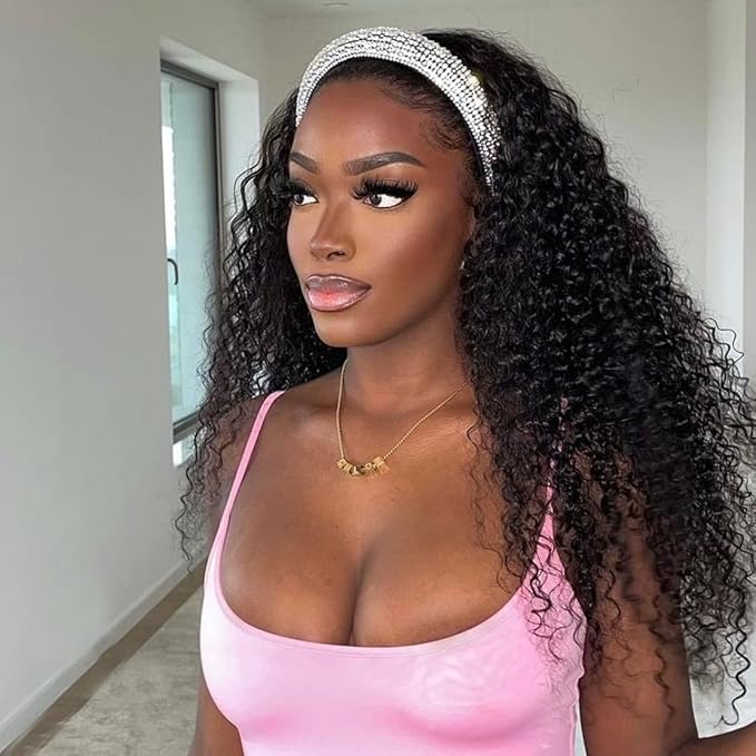 Aiterina Headband Wig Human Hair Deep Wave Headband Wigs for Black Women 24 inch Glueless Headband Wig Brazilian Virgin Hair None Lace Front Wigs Machine Made Headband Wigs