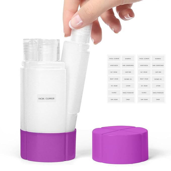 Travel Bottle, TSA approved 4-in-1 Leak-Proof Bottle, 4 * 60ml/2oz, with 2 Pre-printed Labels for Travel Gym Camping, Carry-On Travel Size Toiletries Shampoo Lotion Bottle for Women Men(Purple)