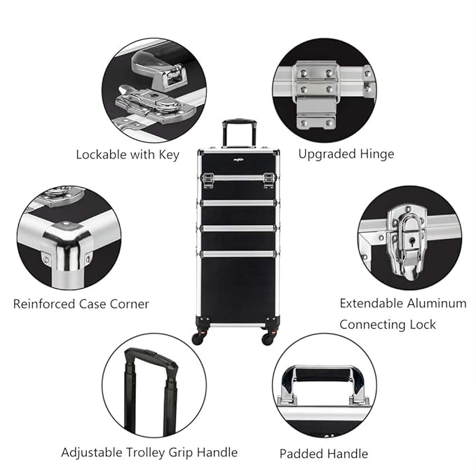 mefeir 4 in 1 Rolling Makeup Train Case, Aluminum Makeup Travel Organizer Cosmetic Case, Cosmetology Display Suitcase on Wheels, Beauty Storage Luggage Lockable w/4 Removable Wheels (Black)