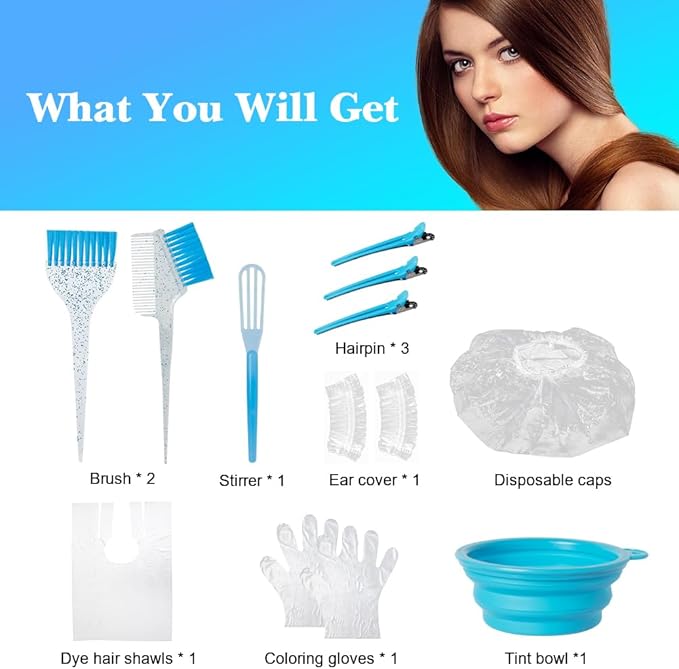 Hair Dye Color Brush and Bowl Set, Color Bowl Brushes Tool Mixing Bowl Kit Tint Comb for Hair Tint Dying Coloring Applicator (Light Blue&Clear)