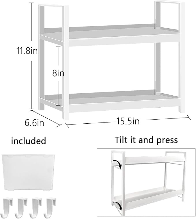 Bathroom Organizer Countertop with Basket & Hooks, 2 Tier Shelf Bathroom Organizers and Storage for Perfume, Cologne, White Countertop Organizer for Vanity, Kitchen, Office or Under Sinks