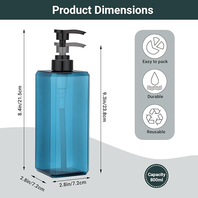 Suream Soap and Lotion Dispenser Set, 27oz/800ml Blue Shampoo and Conditioner Bottles, Plastic Soap Dispenser with Labels for Bathroom, Kitchen, Hotel(Set of 3)