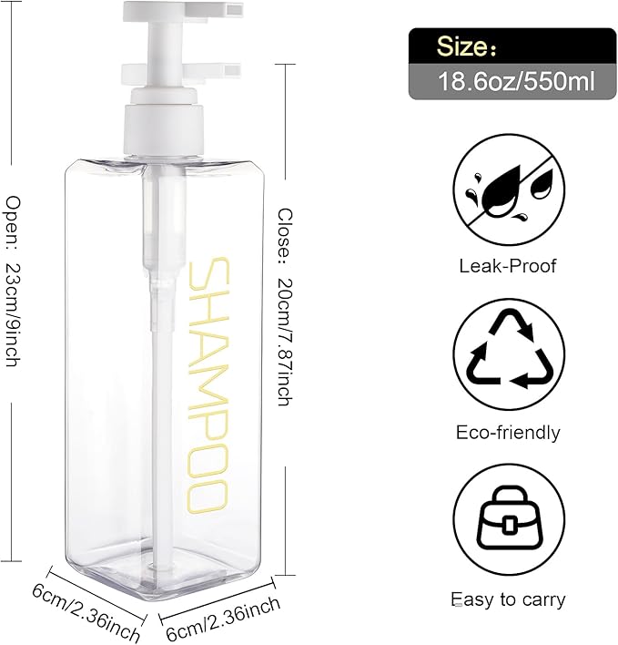 Shampoo and Conditioner Dispenser Shower Soap Bottles 3 Pack 550ml/18.6oz Refillable Shampoo Pump Bottle Dispenser Plastic Empty Body Wash Dispensers with Stylish Permanent Labels for Bathroom (Clear)