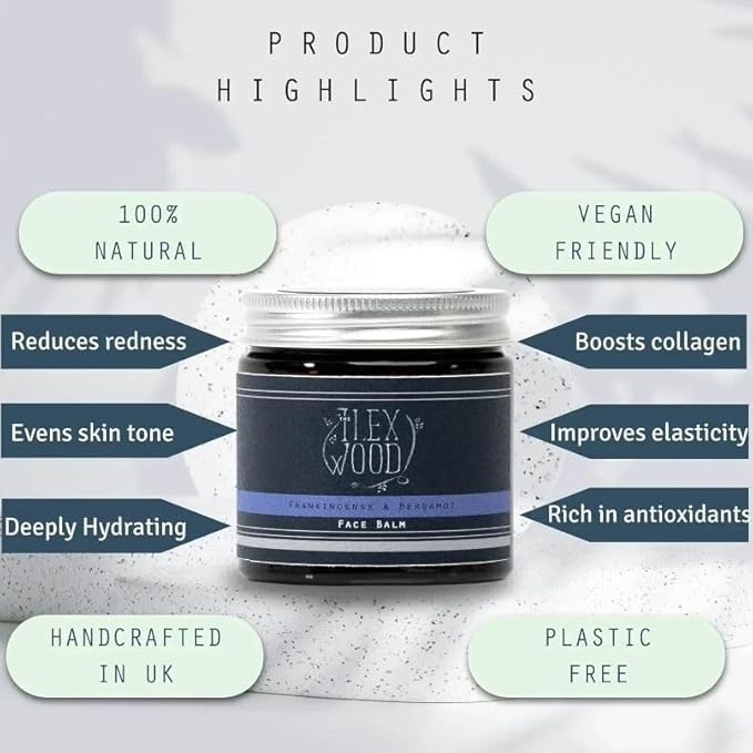 The Ilex Wood - Frankincense and Bergamot Face Balm - 100% Natural, Vegan, Moisturising, Anti Ageing, Wrinkle and Line Reducing Ingredients, Cruelty Free - 60ml (2.03 fl oz)