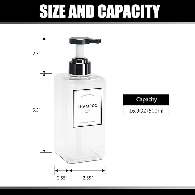 YACAYACE 16.9oz Clear Shampoo and Conditioner Dispenser Set, Refillable Pump Soap Bottles for Shower