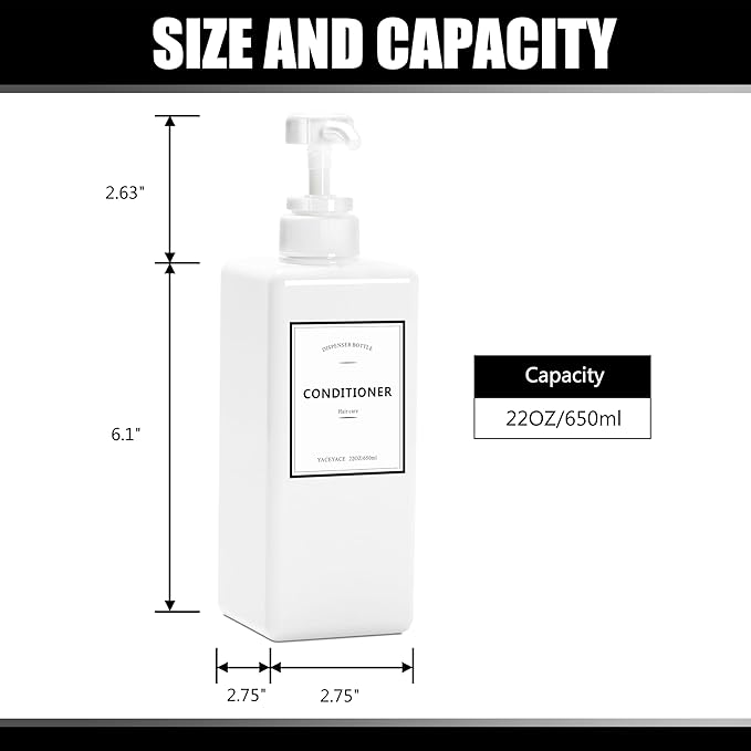 Shower Dispenser Set, 3 White Refillable Bottles, 22oz Large, Shampoo, Conditioner, Body Wash