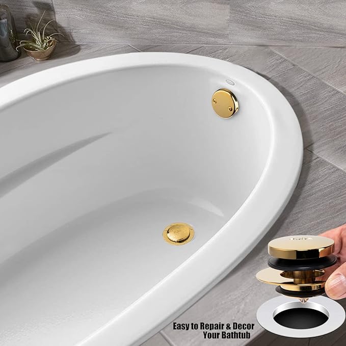 Artiwell Universal Tip Toe Bath Drain Stopper and Cover, Bathtub Drain Stopper, Replaces Lift and Turn, Tip-Toe and Trip Lever drains for Tub, EZ Installation and Clearing (Polished Brass)