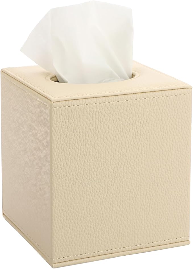 Sumnacon Tissue Box Cover Square Tissue Box Stylish PU Tissue Box Holder with Magnetic Bottom, Cube Leather Tissue Cover for Living Room Bathroom Table Desk Home Office Car, Beige