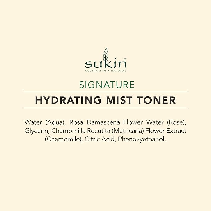 Sukin Organics Hydrating Mist Toner, Rosewater Facial Mist Spray, Refreshing Skin Care Routine For Face & Neck, Suitable for All Skin Types, 4.23 Fl Oz