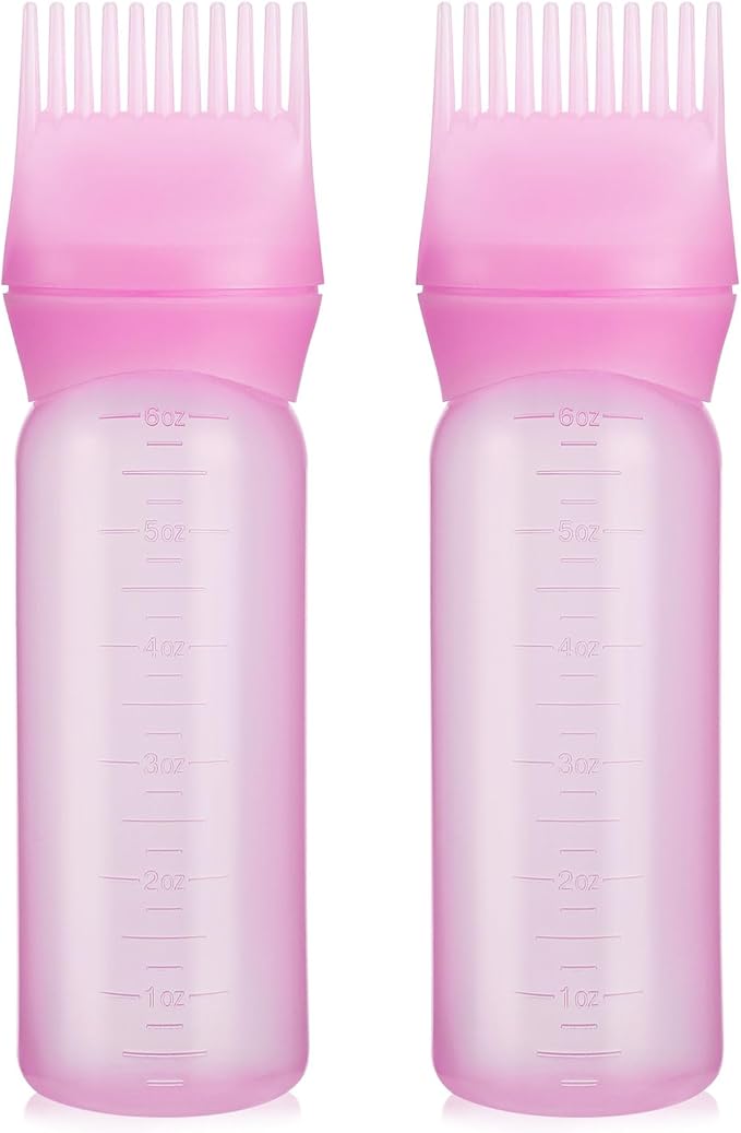 Pimoys 2 Pack Root Comb Applicator Bottle, 6 Ounce Oil Applicator for Hair Dye, Hair Oiling Applicator Hair Coloring Brush Bottle with Graduated Scale