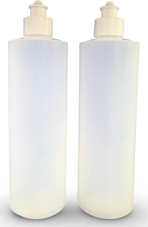 2 Pack Refillable 16 Ounce HDPE Squeeze Bottles With Push/Pull Button Top Dispenser Caps-Great For Lotions, Shampoos, Conditioners and Massage Oils-Includes our patented thread-on funnel
