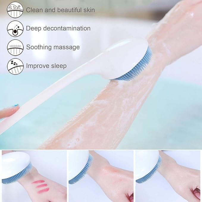 V-TOP Back Scrubber for Shower, Silicone Body Scrubber Long Handle with Soft Bristles, Bath Body Washer Shower Exfoliator Brush for Men and Women, BPA Free, Non-Slip