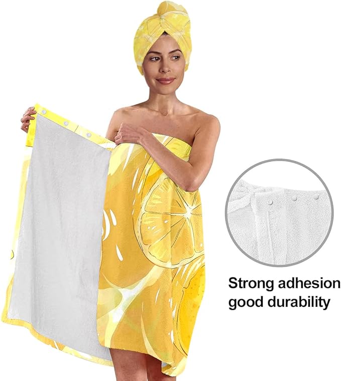 Women’s Citrus Lemon Bath Towel and Hair Wrap Set, Quick-Dry Soft Absorbent Microfiber Shower Body Wrap with Elastic Closure, Lightweight Spa Toweling Ensemble for Home, Gym & Travel (Citrus 5)