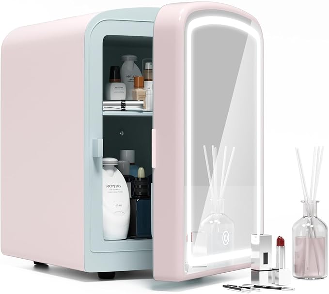 4L Mini Skincare Fridge with Dimmable LED Mirror, Portable Beauty Refrigerator for Makeup, Cosmetic, Personal Small Refrigerator with Cooler and Warmer for Bedroom, Office and Car(Pink)