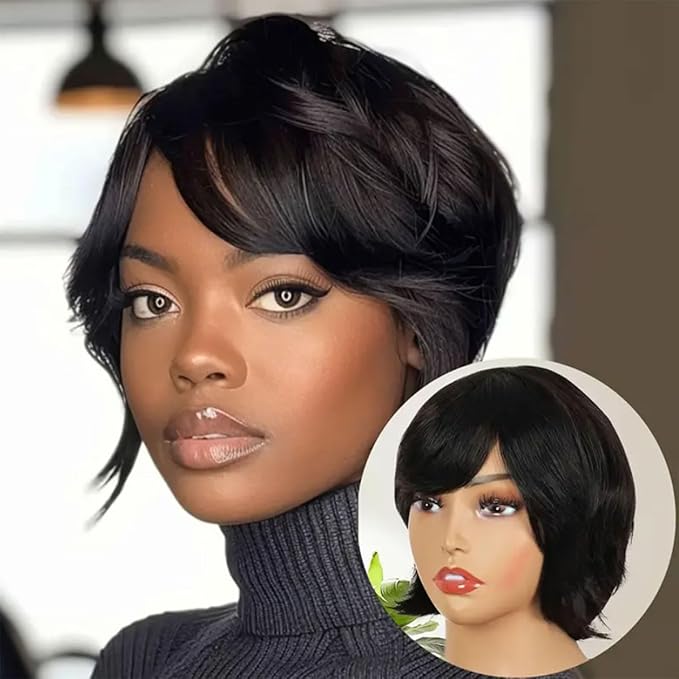 Adette 6 Inch Real Human Hair Wig for Women - Glueless Mullet & Wolf Cut Style, Natural Black Curly Wave Texture, Layered Pixie Cut with Bangs, 180% Density